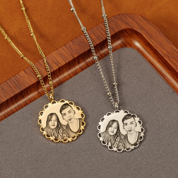 Customized Engraved Photo Stainless Steel Lace Necklace with Bead Chain - Image 6