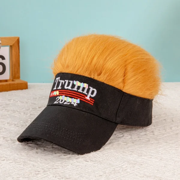 Make America Great Again 2024 Election Yellow Hair Wig Cap Trump Hip Hop Baseball Fashion Funny Embroidered Hat with Wide Brim - Image 3